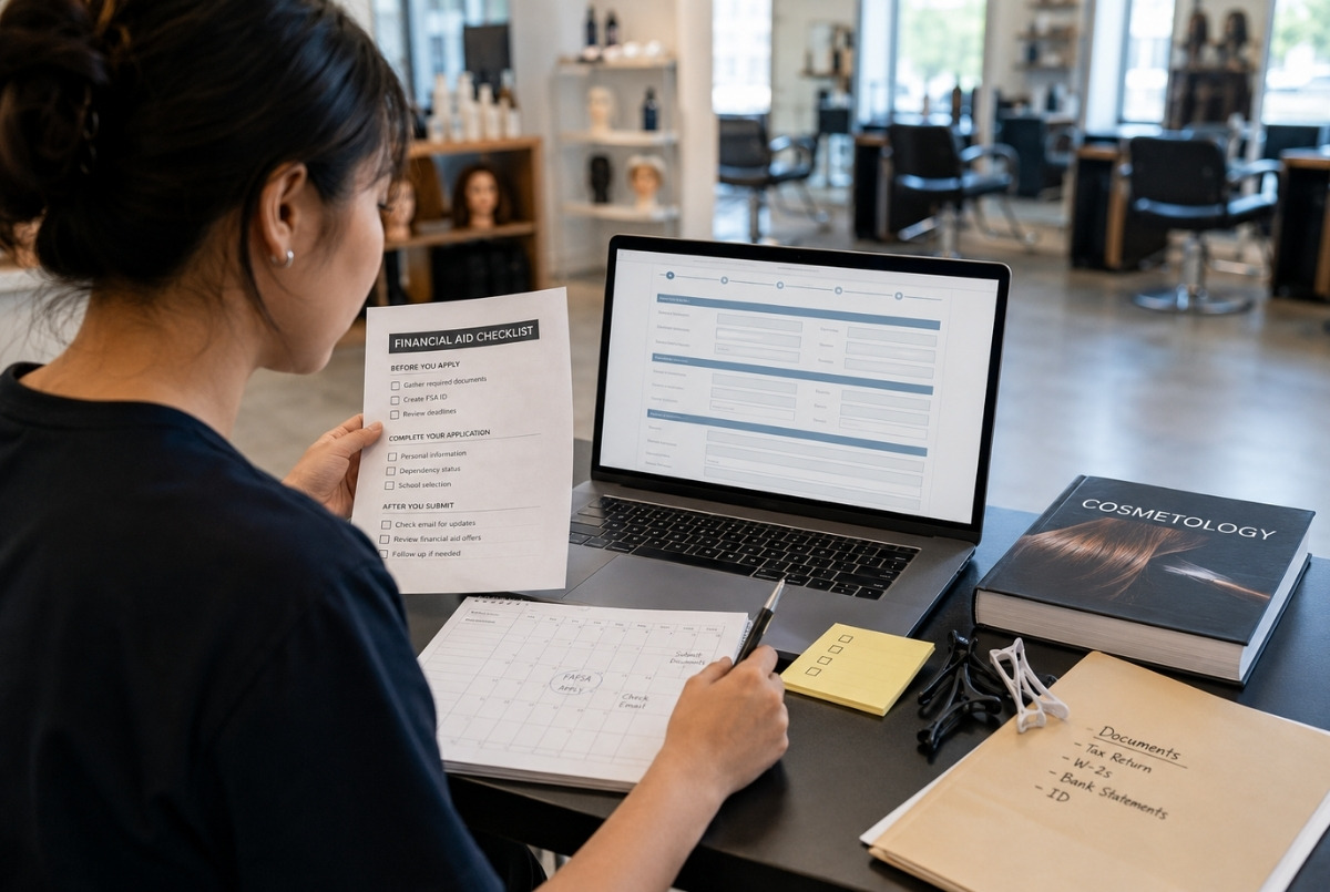 Beauty school applicant reviews a financial aid checklist and laptop form while preparing documents for cosmetology school funding.