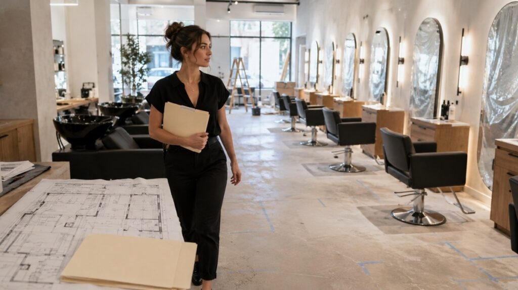 First time salon owner holding a blank permit folder while walking through a nearly finished salon with floor plans, covered mirrors, styling stations, and shampoo bowls.