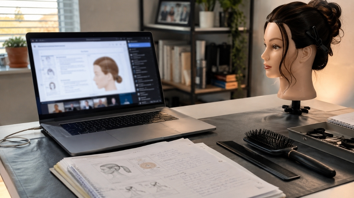 Hybrid beauty education workspace with a laptop, blurred online lesson, mannequin head, theory notes, comb, brush, and classroom training tools.