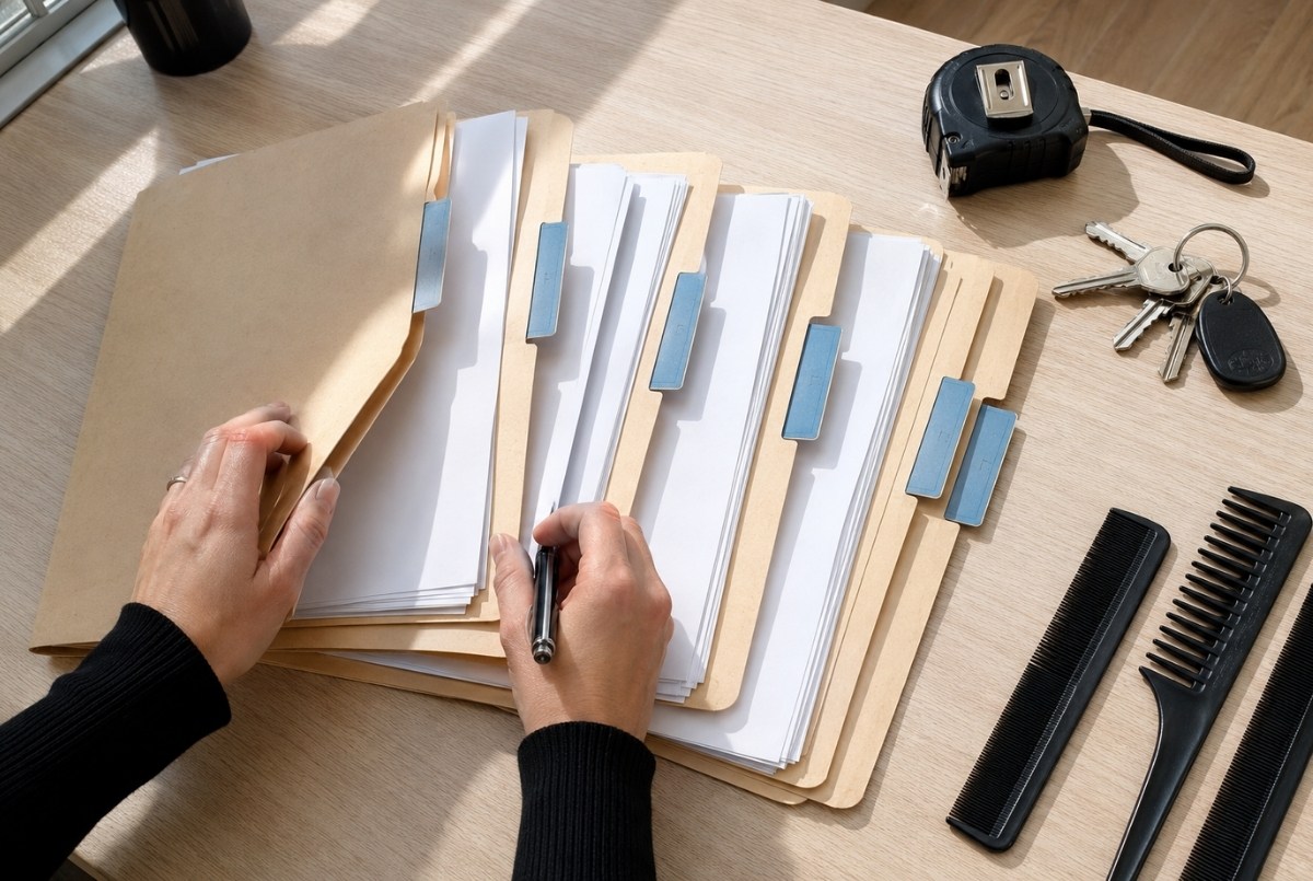 Salon owner sorting blank folders, white paperwork, keys, tape measure, and clean combs on a desk while preparing salon opening documents.