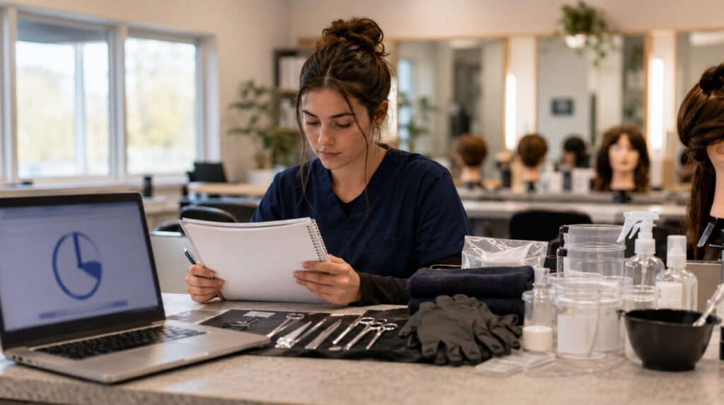 Cosmetology student studying in a salon classroom with blurred laptop timer, blank guide, mannequin head, gloves, and tools.