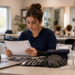 Cosmetology student studying in a salon classroom with blurred laptop timer, blank guide, mannequin head, gloves, and tools.