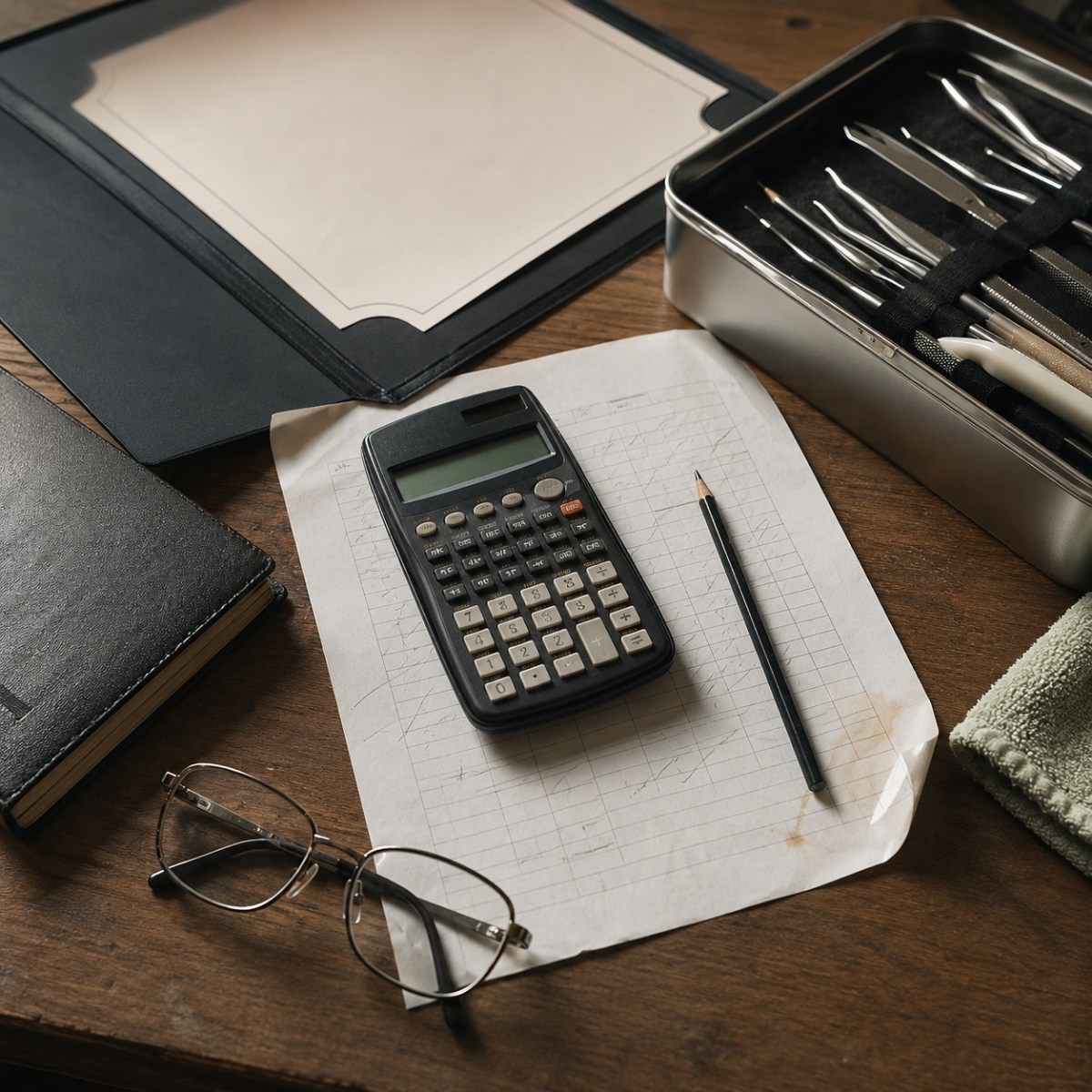 Calculator, blank course cost worksheet, certificate folder, appointment book, work glasses, and disinfected nail tools arranged on a modest desk.