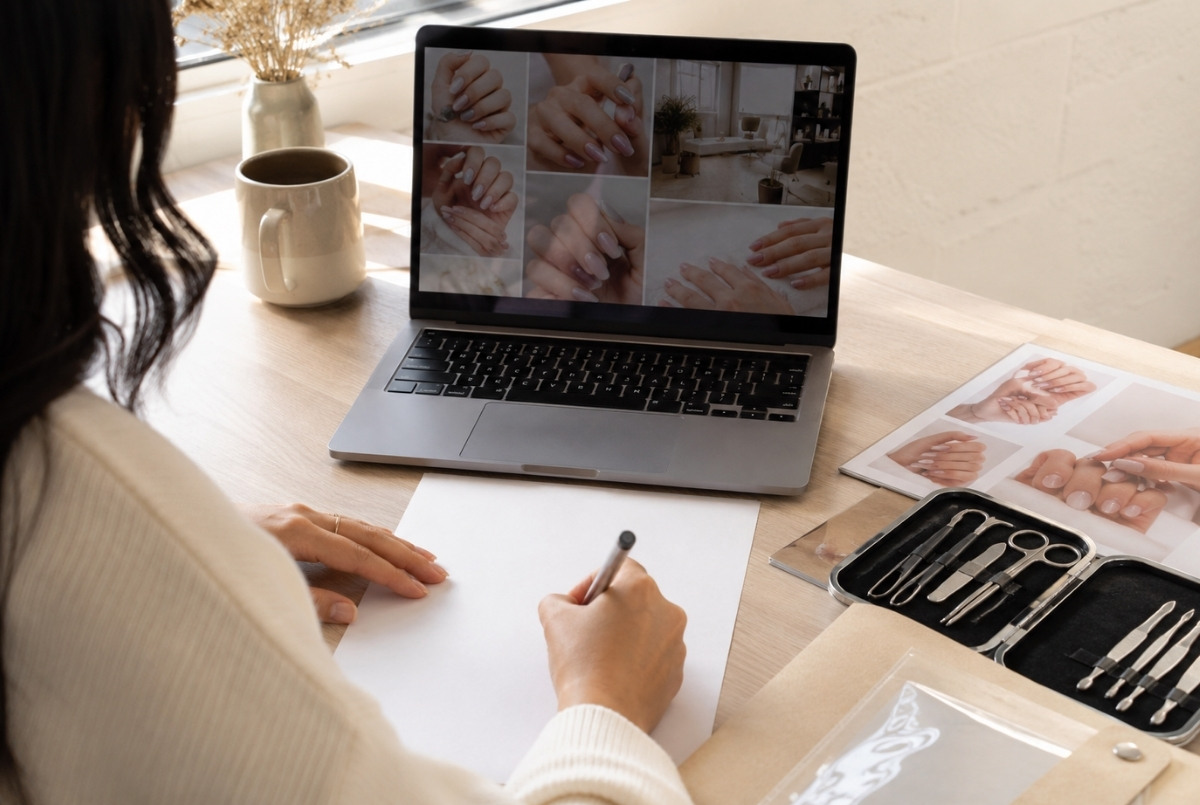 Beginner nail technician researching on a laptop while drafting a cover letter with manicure photos and clean nail tools nearby.