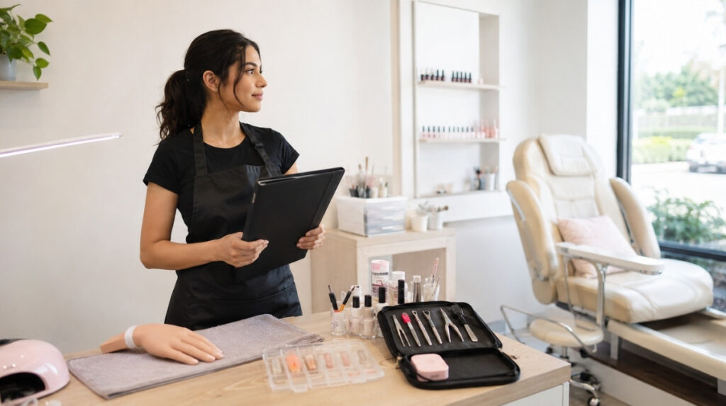 Beginner nail technician standing beside a manicure station with a resume folder, practice hand, and tool kit in a bright salon room.