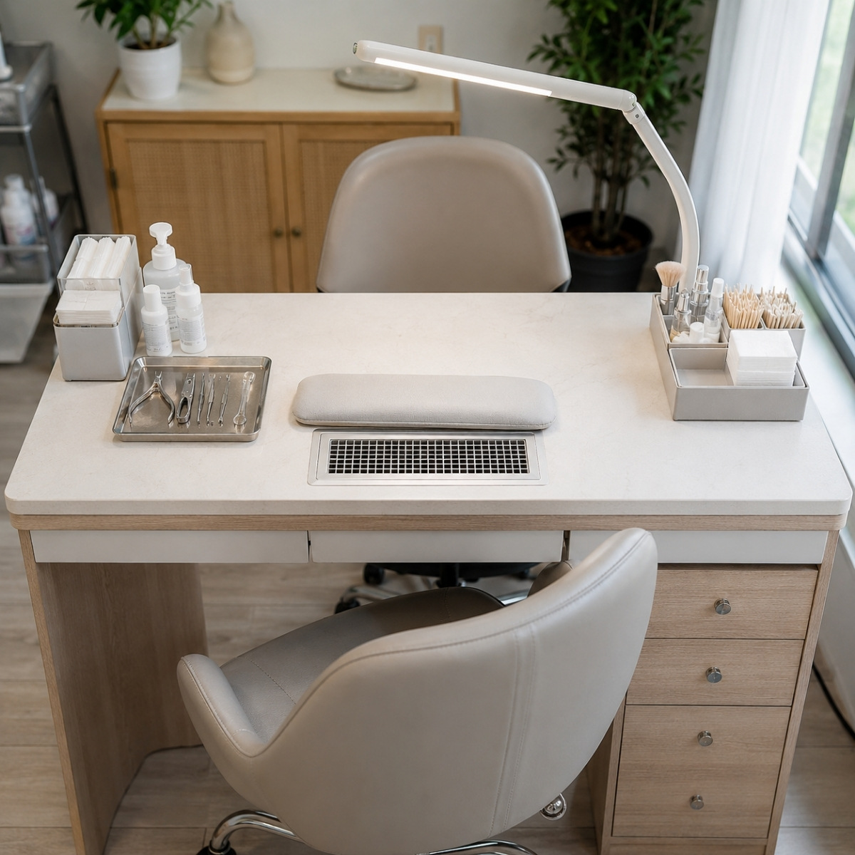Fully reset manicure station with sanitized tools, replenished disposable supplies, an unobstructed ventilation intake, positioned task lamp, organized storage, and secured cords.