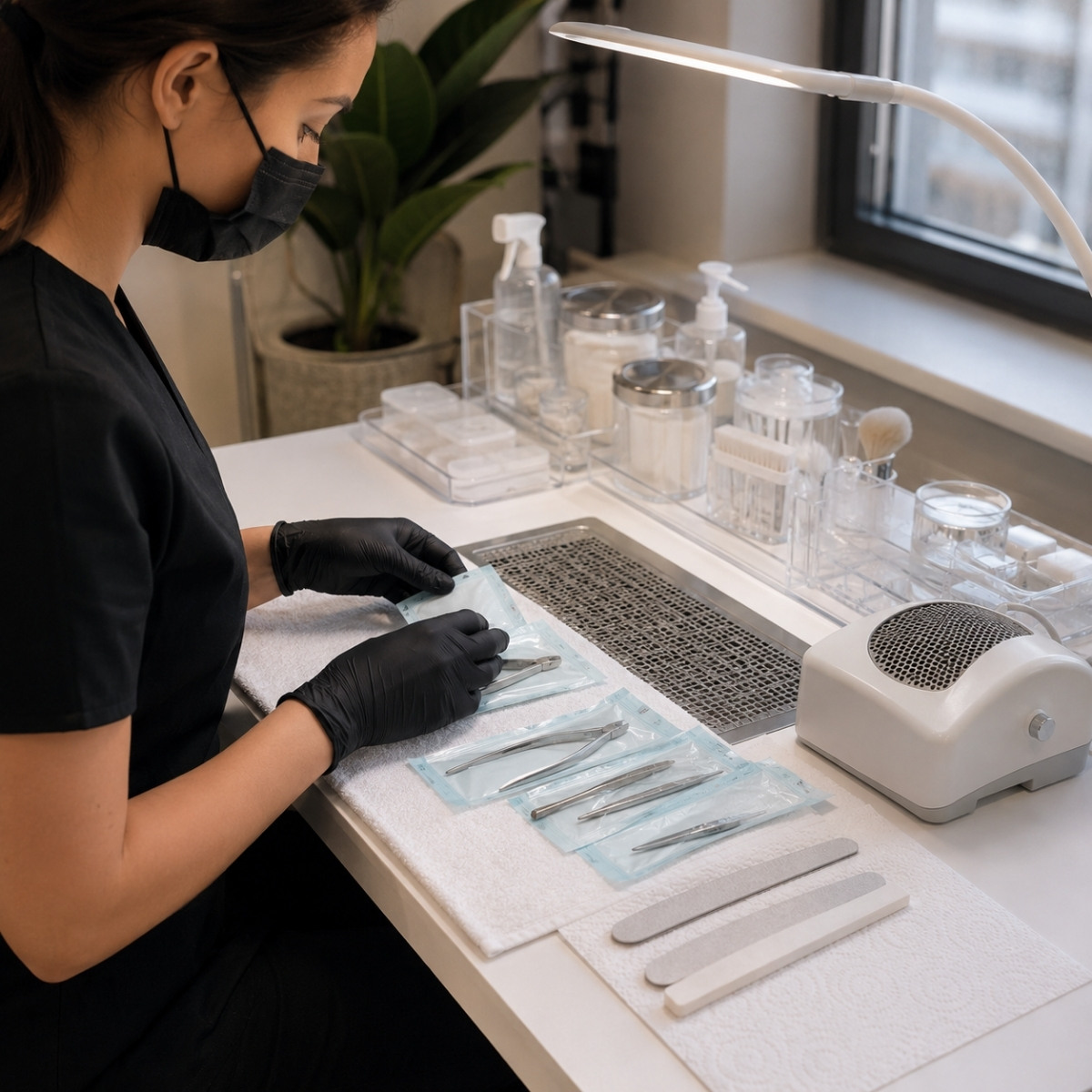 Clean manicure workstation with covered tools, separated disposable files, closed product containers, and a tabletop dust collector.