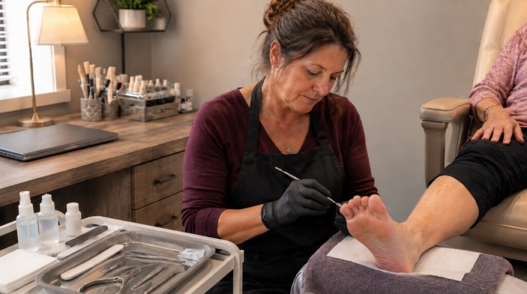 Experienced nail technician performs a careful waterless pedicure for an older client beside a closed laptop used for advanced professional training.