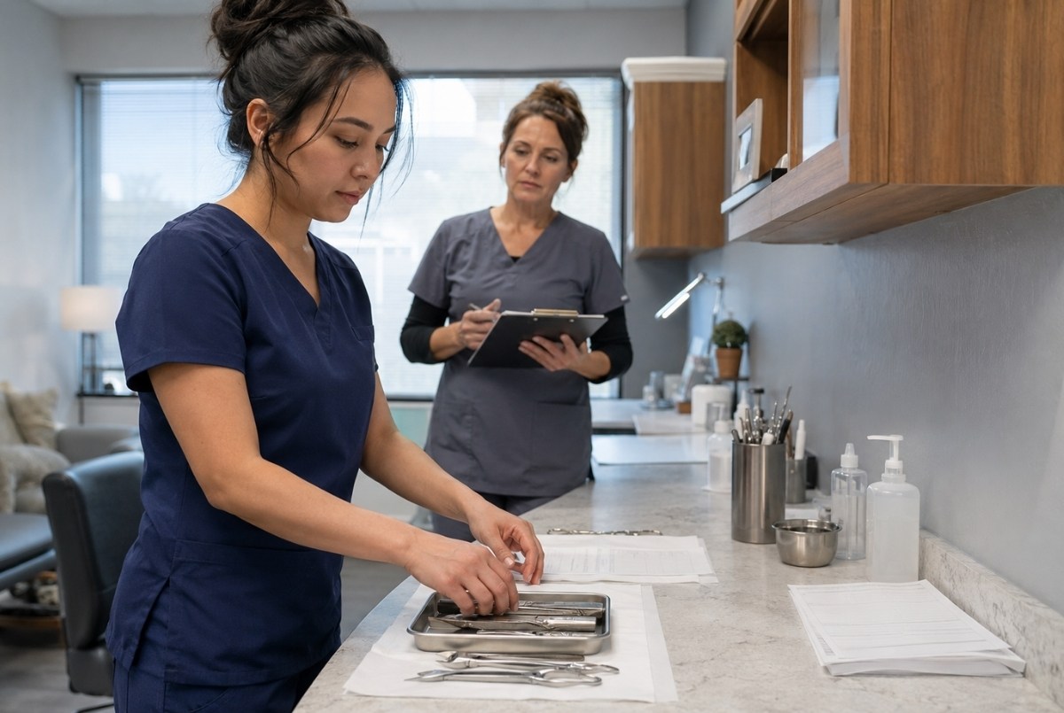 Licensed nail professional organizes sanitized cosmetic tools and blank documentation while a healthcare professional supervises the workplace training process.