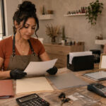 Nail salon suite owner reviewing separate insurance, tax, and licensing folders beside a calculator, payment terminal, keys, receipts, appointment tablet, curing lamp, and electric file.