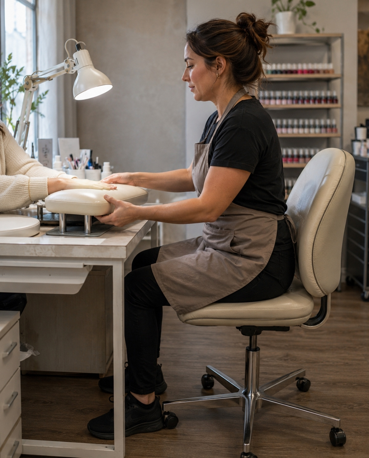 Seated nail technician repositioning a padded client hand support while maintaining relaxed shoulders, stable feet, and an upright ergonomic working posture.