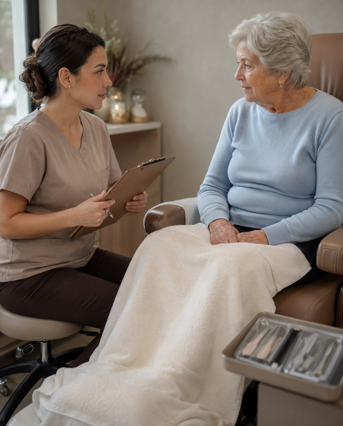 Nail technician listens to a senior client during a pre-service consultation while holding a blank intake clipboard beside unopened cosmetic nail tools.
