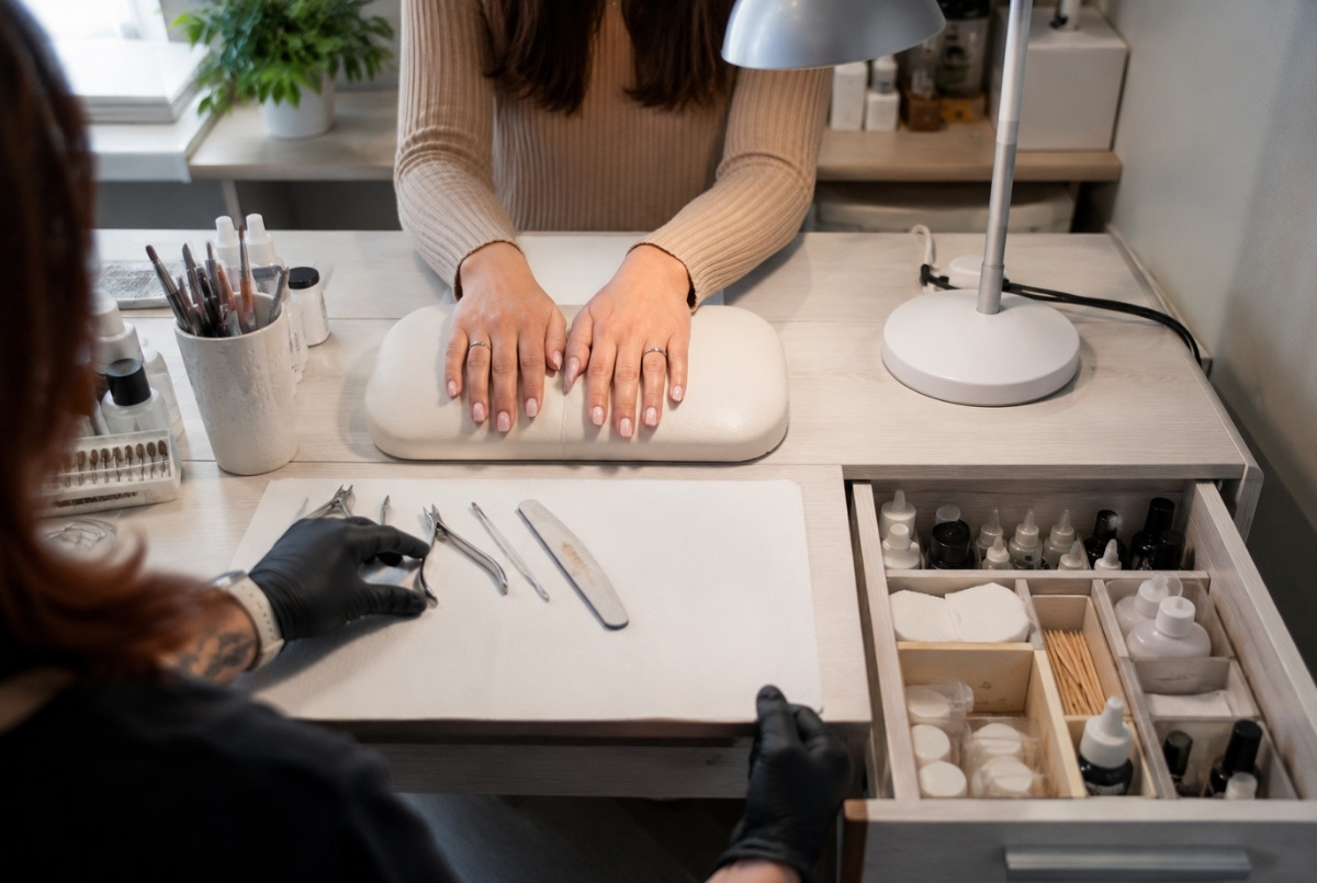 Manicure workstation with a clear central service area, frequently used tools within easy reach, backup supplies in an open drawer, and electrical cords secured along the back edge.