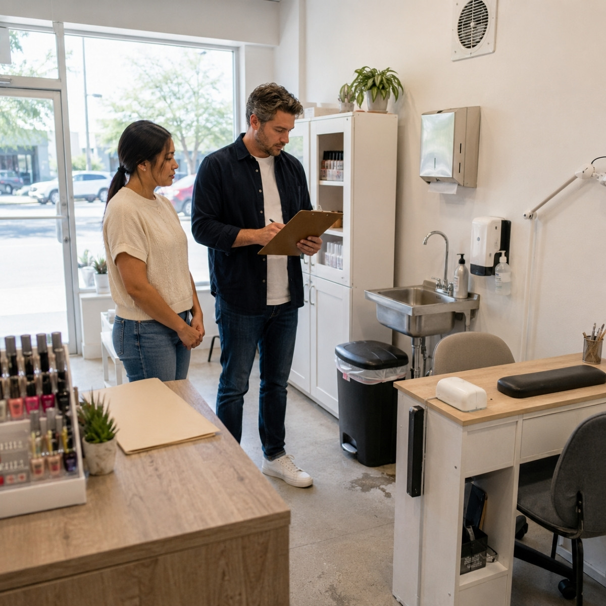 Nail studio owner accompanying a professional during a preopening inspection of the sink, sanitation storage, waste bin, ventilation, electrical setup, manicure table, and client walkway.