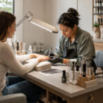 Nail technician performing a manicure at an organized workstation with ergonomic seating, padded hand support, accessible tools, task lighting, storage, cord management, and dust ventilation.