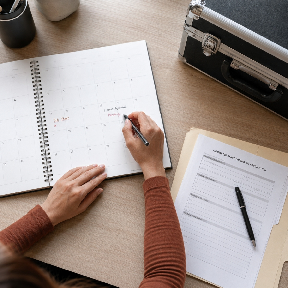 A cosmetologist compares a planned salon job start with a pending licensing timeline while a closed professional tool case remains set aside.