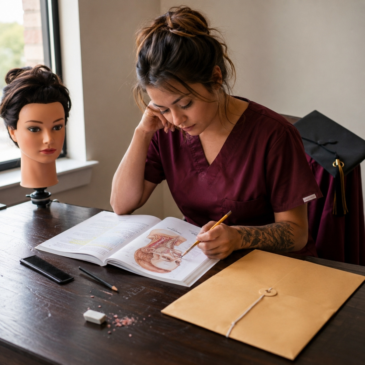 Cosmetology graduate studies anatomy and practical concepts beside a mannequin head while preparing an application for the licensing examination.
