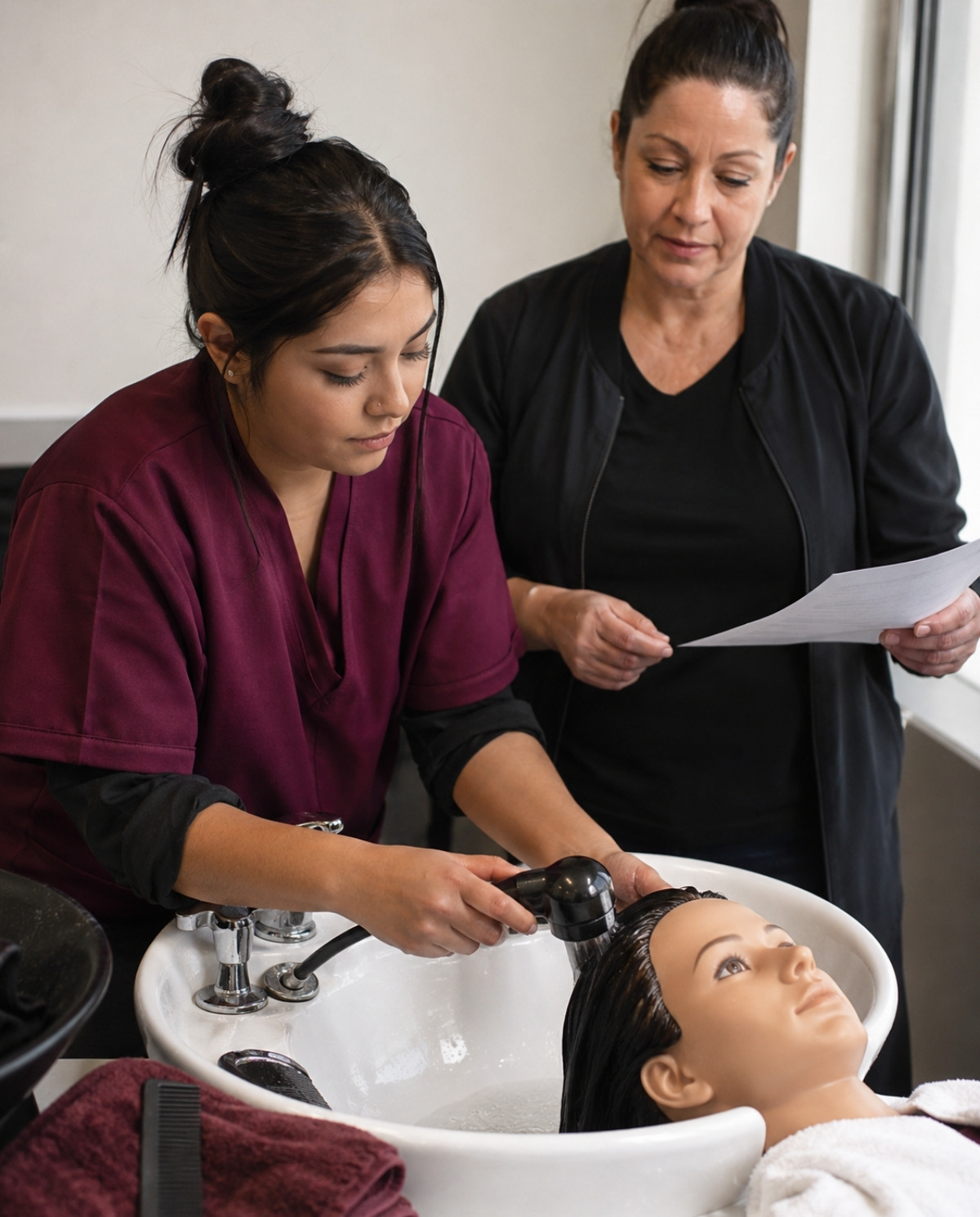 Cosmetology student practices shampoo and scalp-care techniques on a mannequin while an instructor evaluates the supervised training exercise.