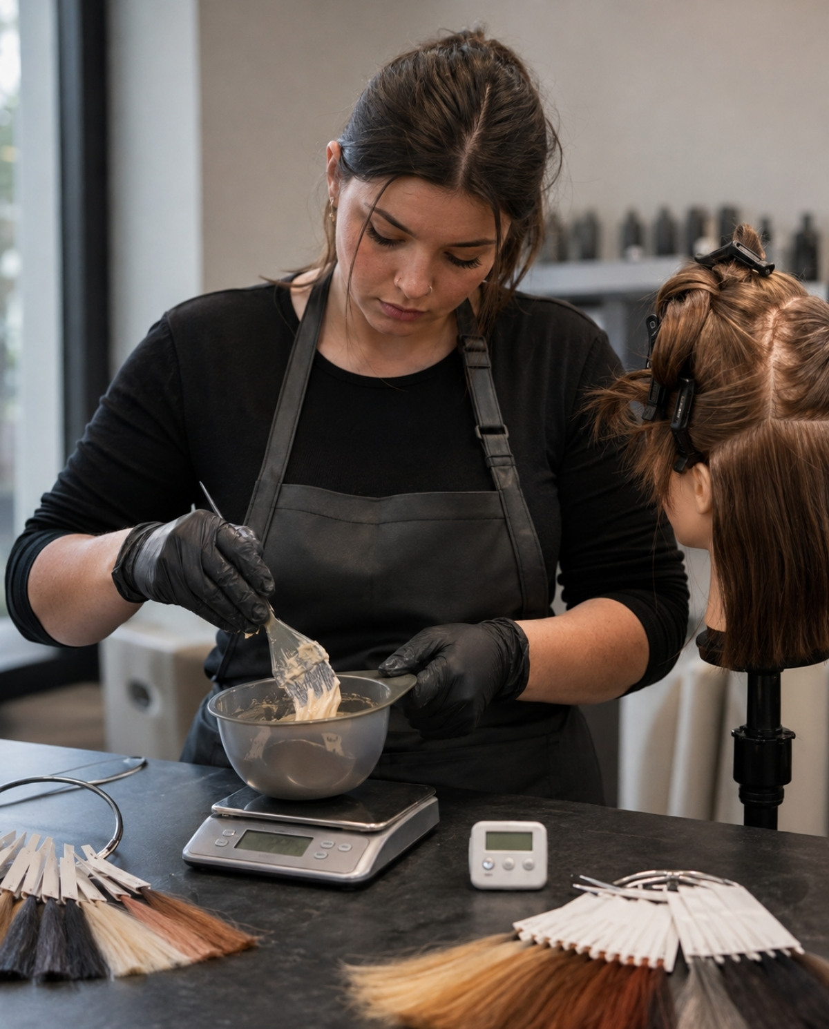 Cosmetology student measures and mixes an unlabeled hair color formula using a digital scale and timer beside hair swatches and a sectioned mannequin.