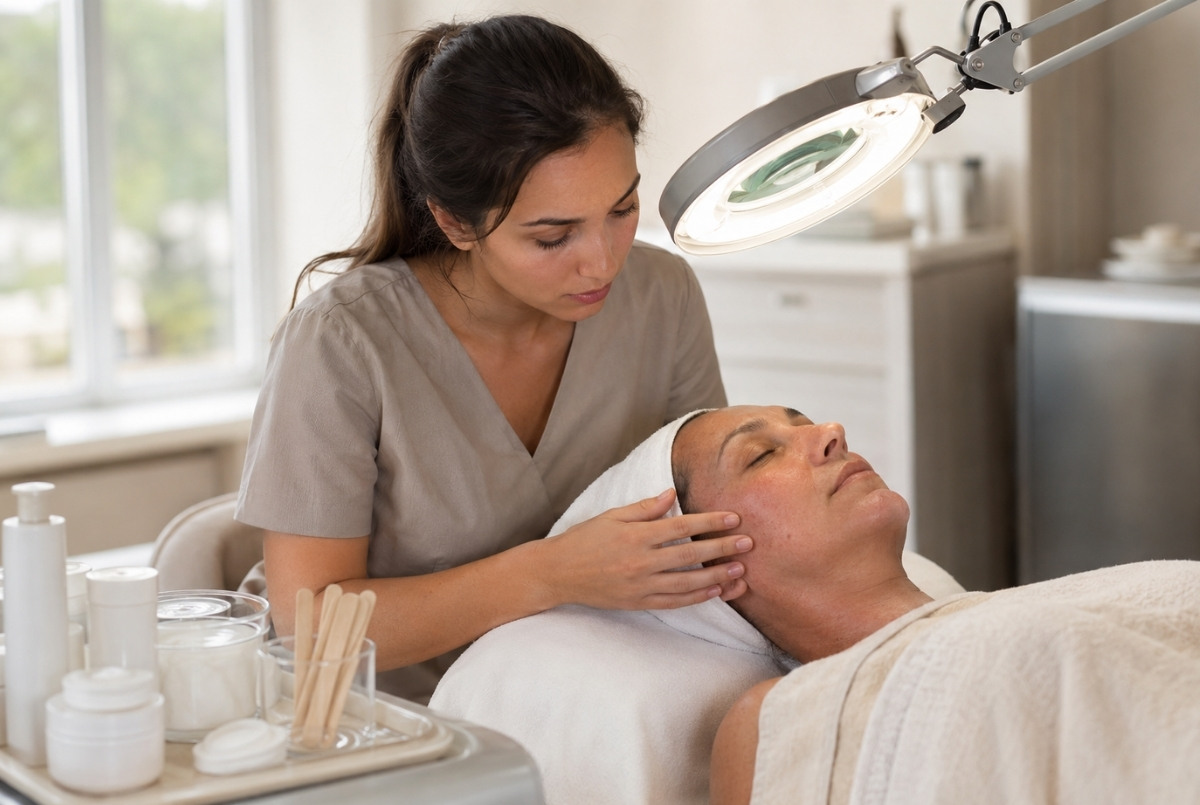Cosmetology student evaluates an adult client’s skin beneath a magnifying lamp before a basic facial with clean towels and disposable supplies nearby.