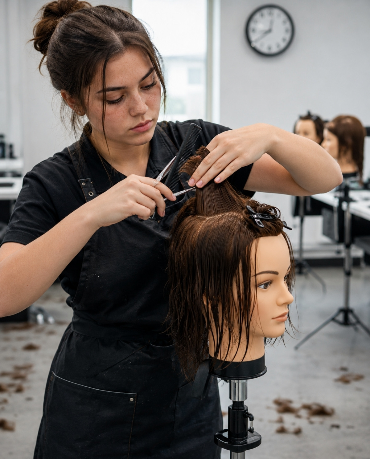 Cosmetology student carefully checks haircut symmetry with scissors and a comb while practicing a timed precision cut on a mannequin.