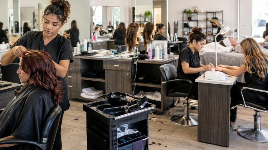 Cosmetology students practice hairstyling, manicuring, and basic facial services throughout an active training salon with color tools and mannequins nearby.