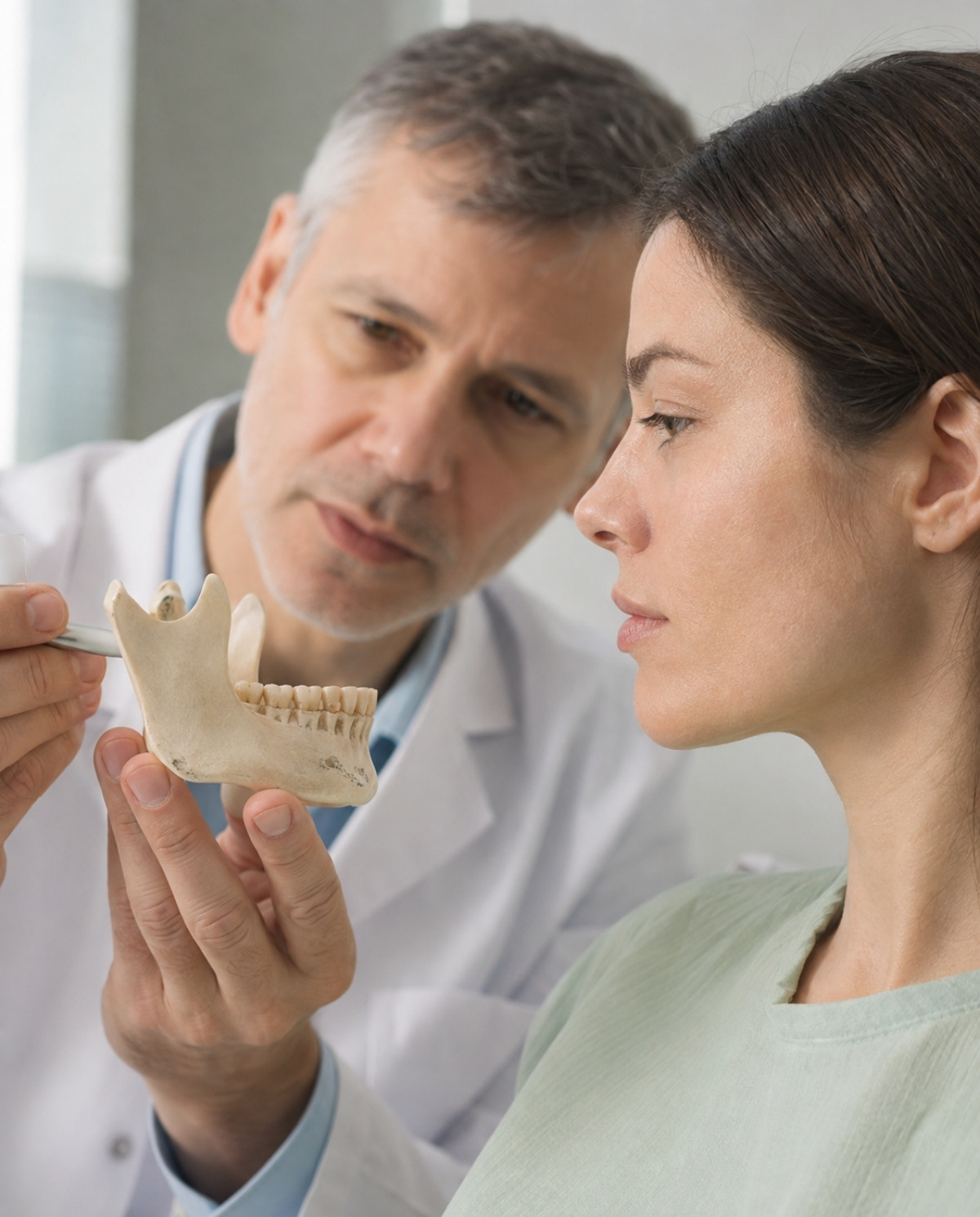 Dentist comparing a jawbone model with an adult patient’s profile to assess the chin, lips, teeth, and jaw structure.