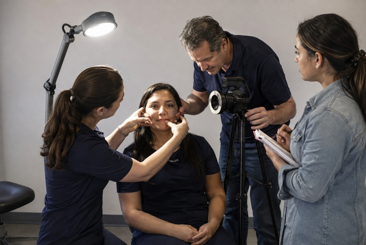 Dentist learner practicing patient positioning and standardized facial photography while an instructor provides guidance in a clinical training room.