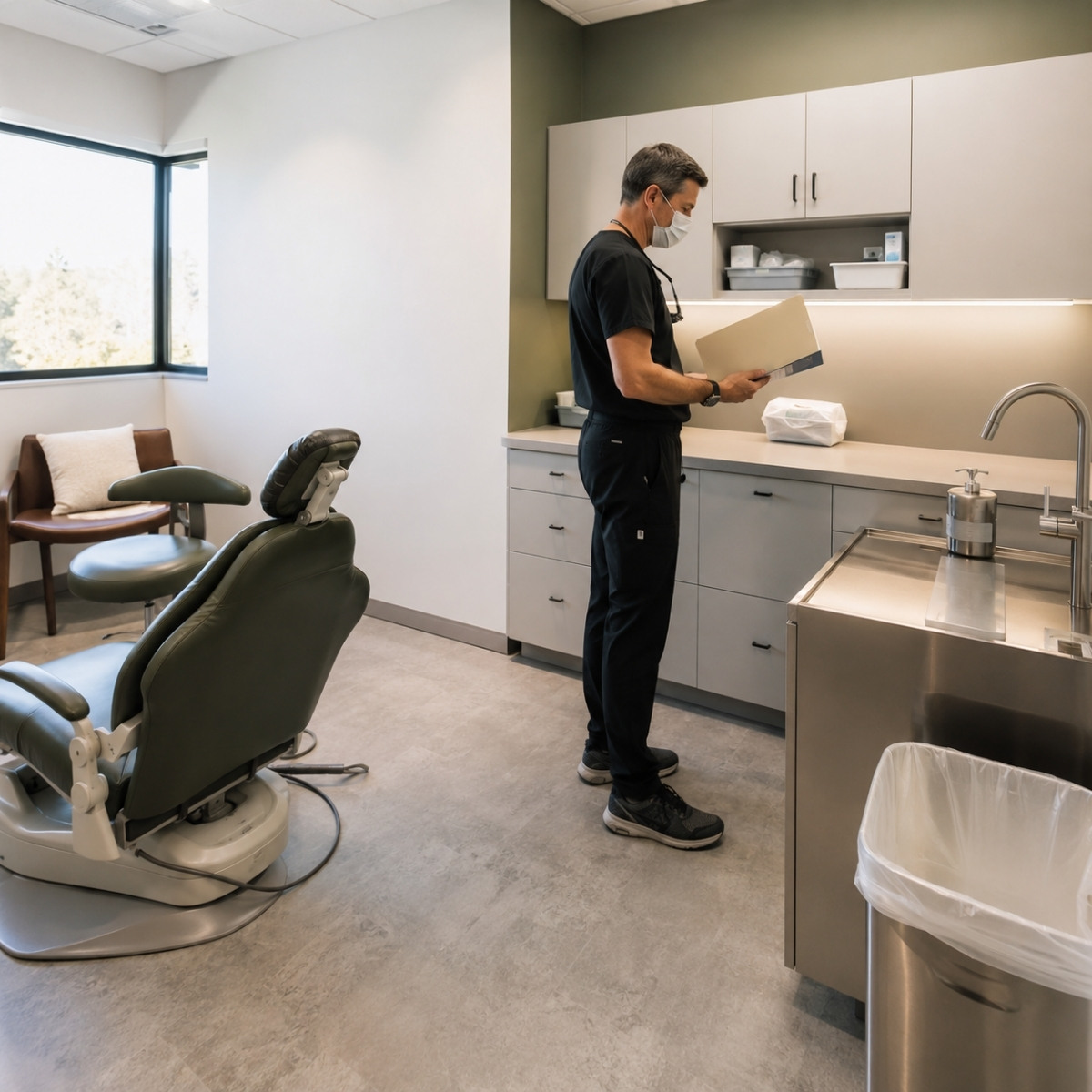Dentist inspecting a facial consultation room containing sealed supplies, a treatment chair, handwashing facilities, and safety materials.