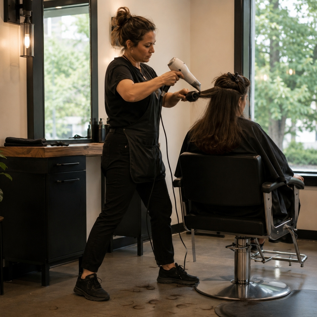 Hairstylist maintains a balanced standing position while using a blow dryer and round brush on a seated client's sectioned hair.