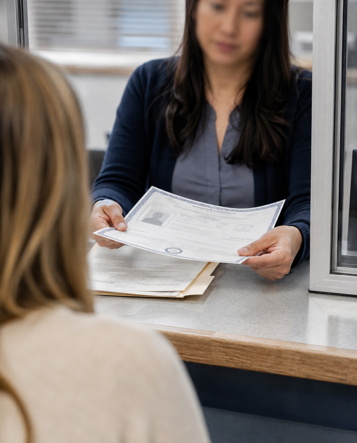 A licensing specialist reviews an anonymized cosmetology credential and endorsement application while the applicant waits across a public-service counter.