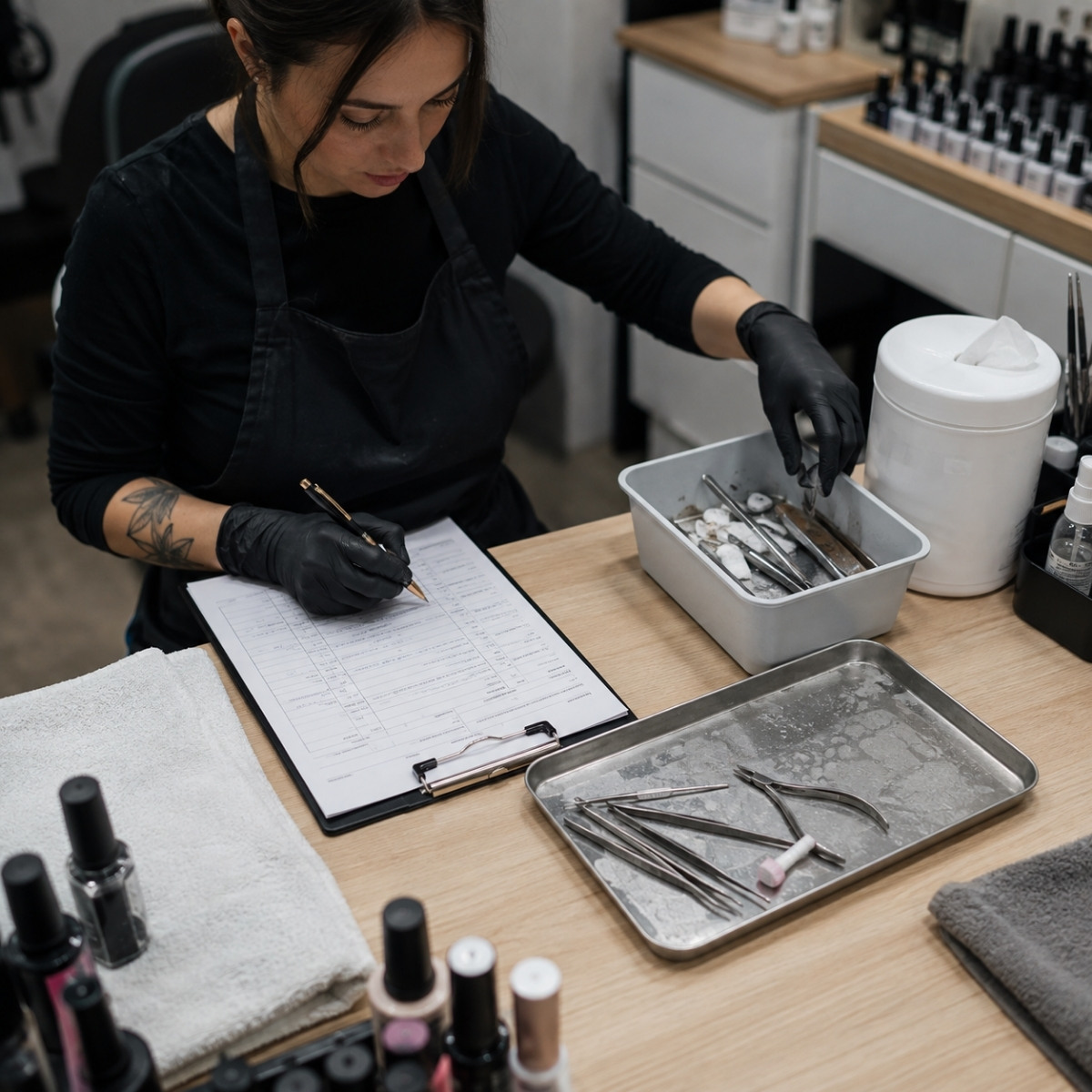 Nail technician writes client notes while separating used implements from cleaned tools during workstation sanitation after an appointment.