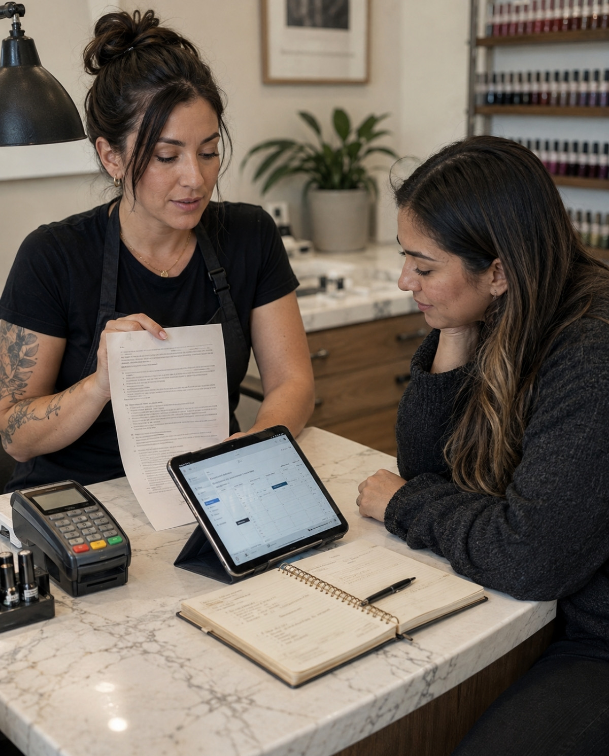 Nail technician explains a salon policy sheet while a returning client reviews a tablet booking screen beside an appointment notebook and card terminal.