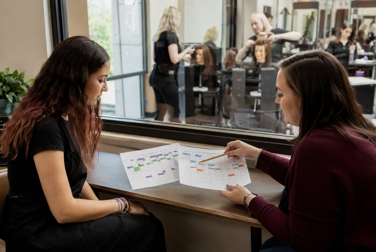 Prospective cosmetology student and admissions counselor compare full-time and part-time calendars while practical hair training continues in the background.