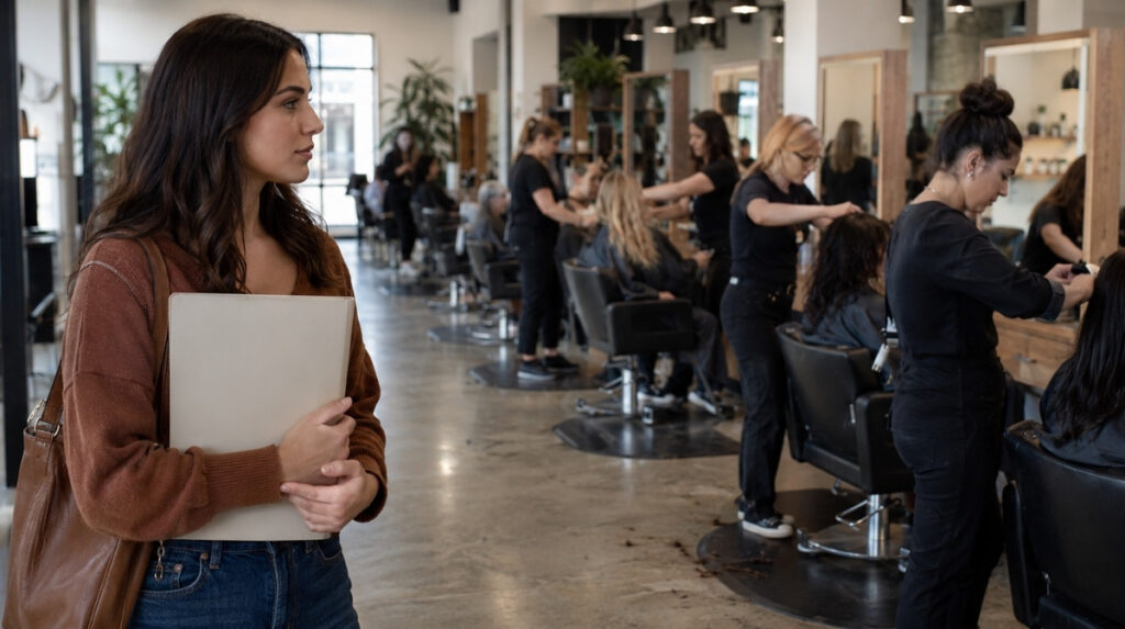 Prospective adult cosmetology student holds an application folder while observing students practicing hair services at multiple supervised styling stations.
