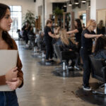 Prospective adult cosmetology student holds an application folder while observing students practicing hair services at multiple supervised styling stations.