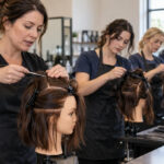 Cosmetology instructor demonstrates clean parting with a comb on a brown-haired mannequin while three adult students practice sectioning at nearby workstations.