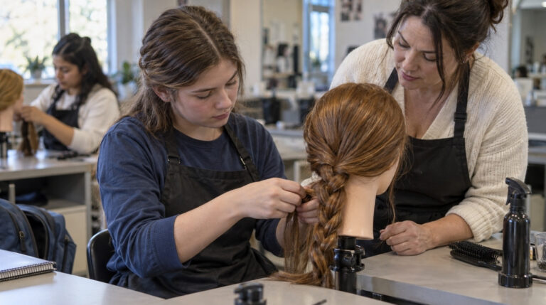 High school student practicing a three strand braid on a mannequin while an adult cosmetology instructor provides hands on guidance in a vocational classroom.