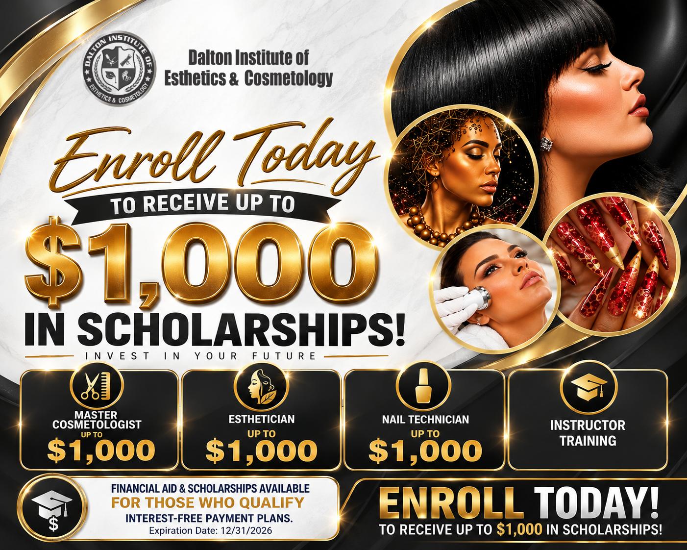 <h2 style="text-align: center;">GET UP TO $1,000 IN SCHOLARSHIPS!<br />
<span style="color: #a60808;"><em>Financial Aid Available for Those Who Qualify</em></span></h2>
