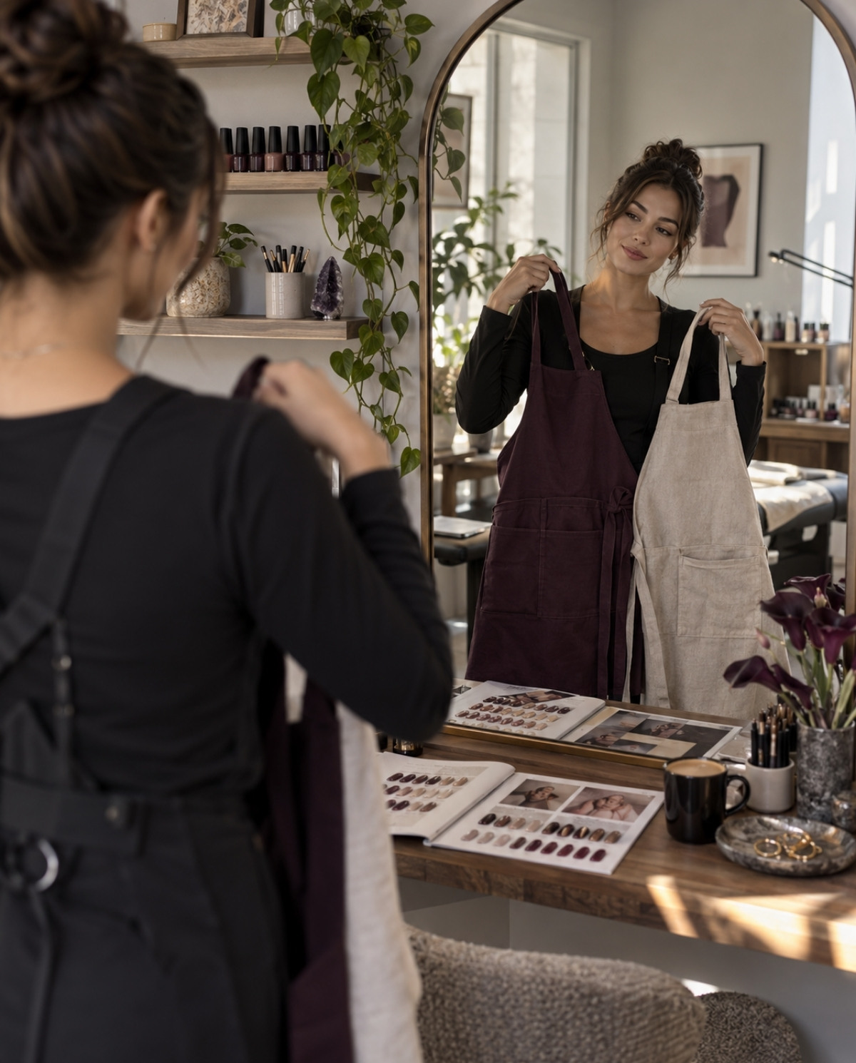 Nail professional comparing plum and oatmeal aprons in a studio mirror while reviewing manicure samples and coordinating her professional workspace colors.
