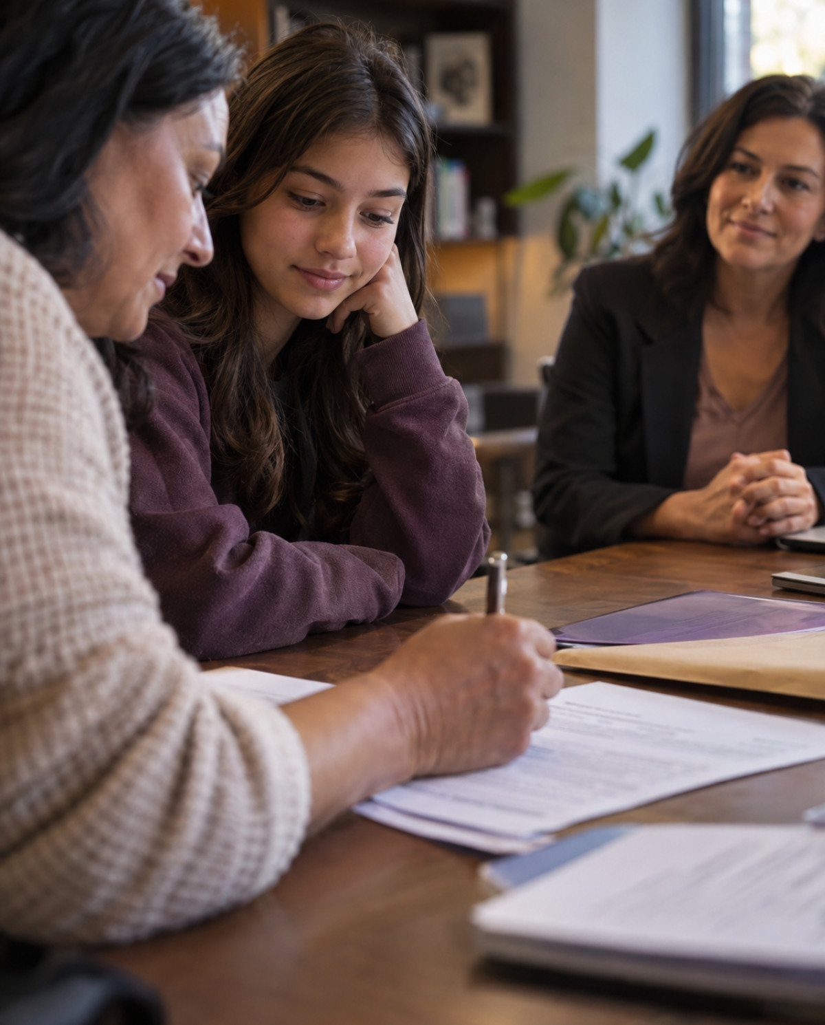 Teen student watches her guardian review cosmetology enrollment paperwork during a meeting with an education adviser.