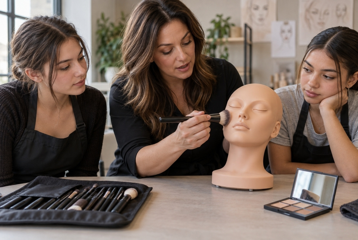 Adult instructor demonstrates basic makeup brush handling on a facial mannequin as two teenage cosmetology students observe.