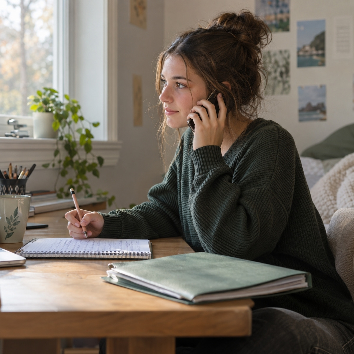 High school student calls a cosmetology program while checking a handwritten list of application questions at her home desk.