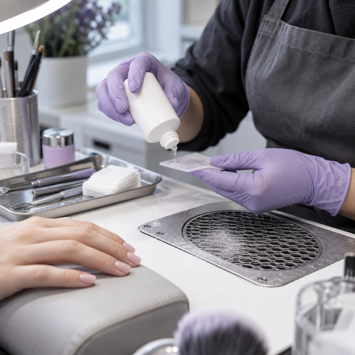 Gloved nail technician carefully dispensing product from a plain bottle beside a tabletop extractor and a tray of prepared manicure implements.