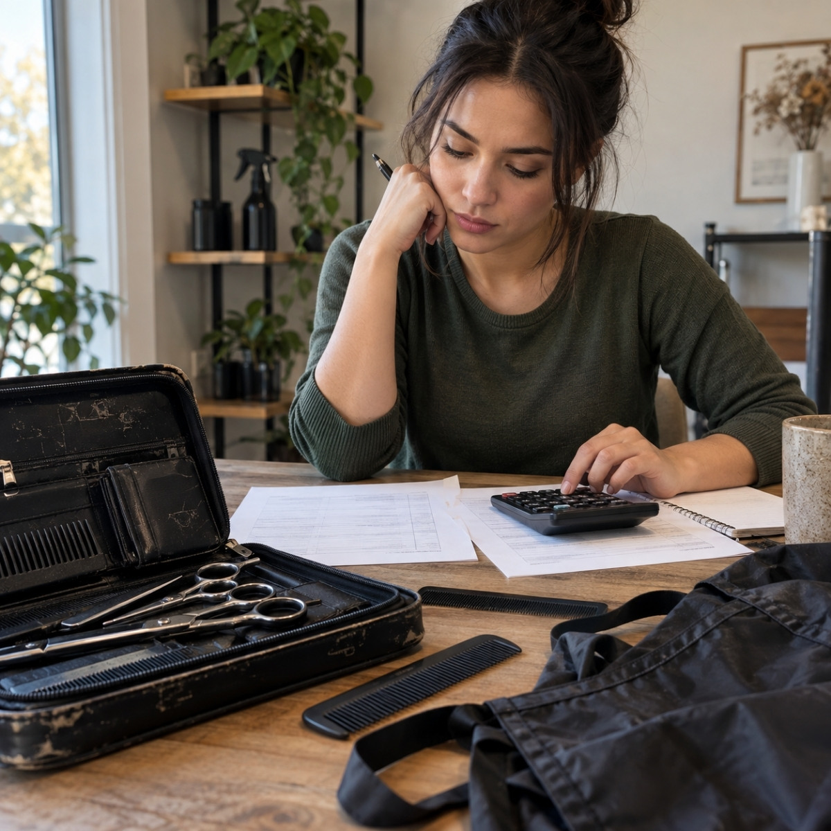 Aspiring cosmetologist calculating training expenses beside professional shears, combs, an apron, a calculator, and unbranded cost sheets.
