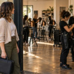 Aspiring cosmetologist holding a professional tool case while observing supervised haircut training and mannequin-based cosmetology practice inside a working salon.