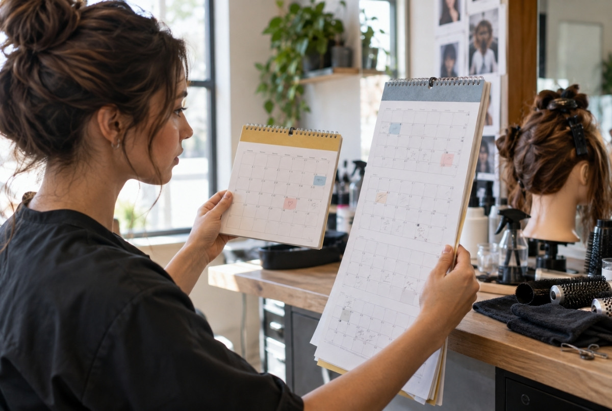 Cosmetology applicant comparing a shorter school schedule with a longer apprenticeship timeline beside a mannequin practice station.